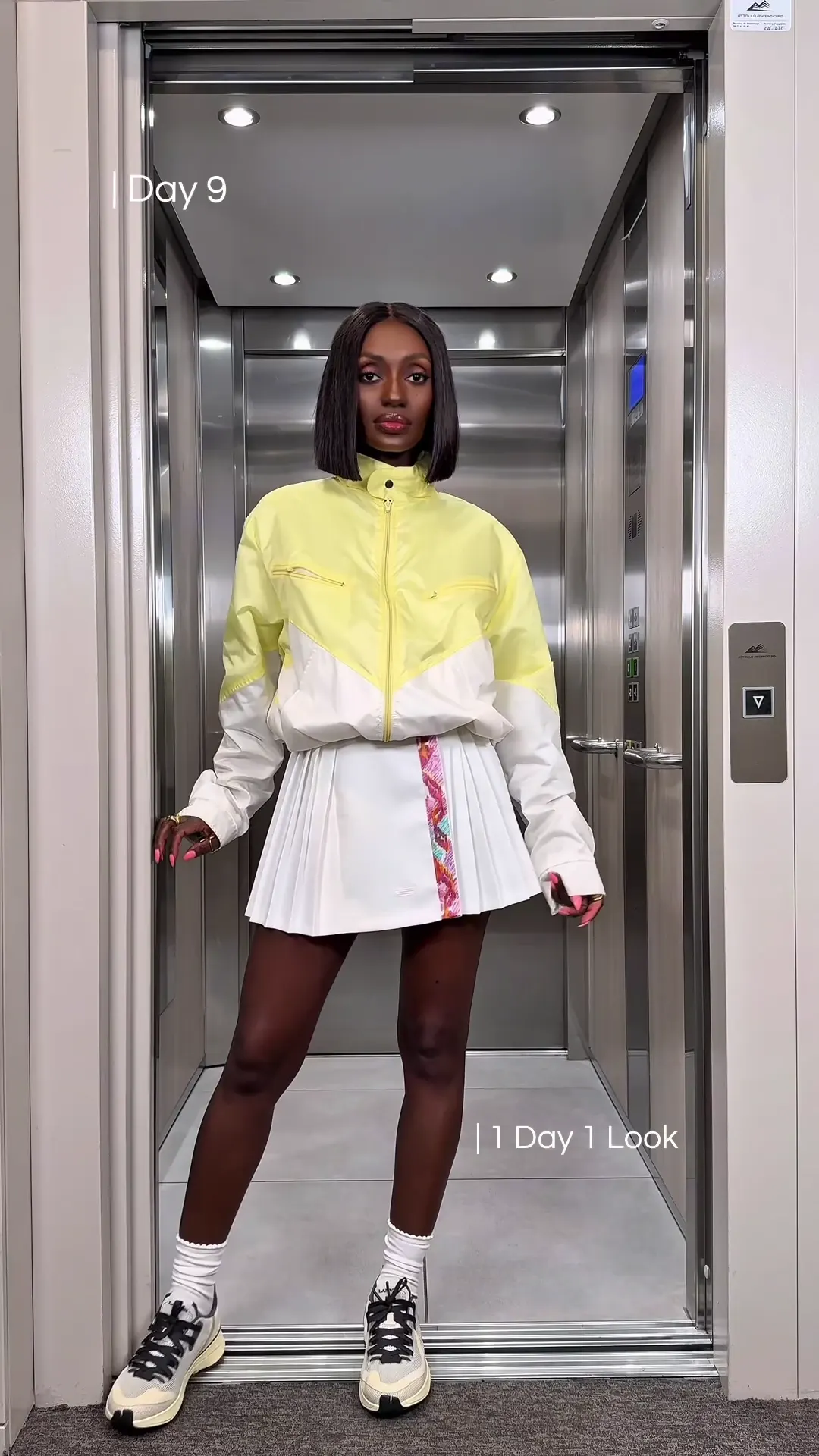 Day 9, Minijupe Adidas, veste de survêtement PKZ, baskets Lanvin, Soleya Mena Kwayave