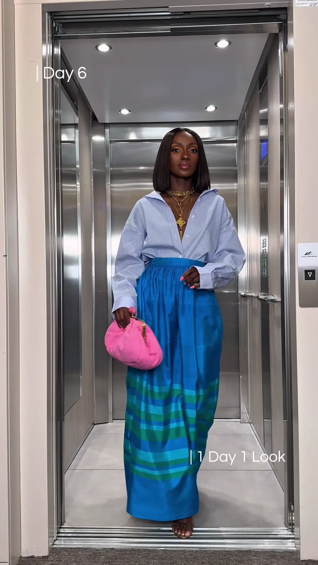 Day 6, Jupe longue bleue vintage, chemise H&M, pochette rose, Soleya Mena Kwayave